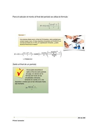 203 de 269
Primer semestre
Para el calcular el monto al final del periodo se utiliza la fórmula:
Saldo al final de un periodo
 