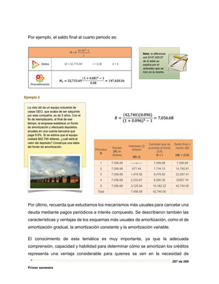 207 de 269
Primer semestre
Por ejemplo, el saldo final al cuarto periodo es:
Por último, recuerda que estudiamos los mecanismos más usuales para cancelar una
deuda mediante pagos periódicos a interés compuesto. Se describieron también las
características y ventajas de los esquemas más usuales de amortización, como el de
amortización gradual, la amortización constante y la amortización variable.
El conocimiento de esta temática es muy importante, ya que la adecuada
comprensión, capacidad y habilidad para determinar cómo se amortizan los créditos
representa una ventaja considerable para quienes se ven en la necesidad de
 
