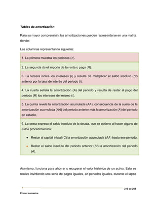 210 de 269
Primer semestre
Tablas de amortización
Para su mayor comprensión, las amortizaciones pueden representarse en una matriz
donde:
Las columnas representan lo siguiente:
1. La primera muestra los periodos (n).
2. La segunda da el importe de la renta o pago (R).
3. La tercera indica los intereses (I) y resulta de multiplicar el saldo insoluto (SI)
anterior por la tasa de interés del periodo (i).
4. La cuarta señala la amortización (A) del periodo y resulta de restar al pago del
periodo (R) los intereses del mismo (I).
5. La quinta revela la amortización acumulada (AA), consecuencia de la suma de la
amortización acumulada (AA) del periodo anterior más la amortización (A) del periodo
en estudio.
6. La sexta expresa el saldo insoluto de la deuda, que se obtiene al hacer alguno de
estos procedimientos:
● Restar al capital inicial (C) la amortización acumulada (AA) hasta ese periodo.
● Restar el saldo insoluto del periodo anterior (SI) la amortización del periodo
(A).
Asimismo, funciona para ahorrar o recuperar el valor histórico de un activo. Esto se
realiza invirtiendo una serie de pagos iguales, en periodos iguales, durante el lapso
 