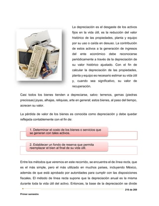 216 de 269
Primer semestre
La depreciación es el desgaste de los activos
fijos en la vida útil, es la reducción del valor
histórico de las propiedades, planta y equipo
por su uso o caída en desuso. La contribución
de estos activos a la generación de ingresos
del ente económico debe reconocerse
periódicamente a través de la depreciación de
su valor histórico ajustado. Con el fin de
calcular la depreciación de las propiedades,
planta y equipo es necesario estimar su vida útil
y, cuando sea significativo, su valor de
recuperación.
Casi todos los bienes tienden a depreciarse, salvo: terrenos, gemas (piedras
preciosas) joyas, alhajas, reliquias, arte en general; estos bienes, al paso del tiempo,
acrecen su valor.
La pérdida de valor de los bienes es conocida como depreciación y debe quedar
reflejada contablemente con el fin de:
Entre los métodos que veremos en este recorrido, se encuentra el de línea recta, que
es el más simple, pero el más utilizado en muchos países, incluyendo México,
además de que está aprobado por autoridades para cumplir con las disposiciones
fiscales. El método de línea recta supone que la depreciación anual es la misma
durante toda la vida útil del activo. Entonces, la base de la depreciación se divide
1. Determinar el costo de los bienes o servicios que
se generan con tales activos.
2. Establecer un fondo de reserva que permita
reemplazar el bien al final de su vida útil.
 
