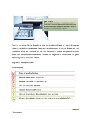 219 de 269
Primer semestre
Cuando un activo fijo ha llegado al final de su vida útil tiene un valor de rescate
conocido también como valor de desecho o de salvamento o residual. Puede ser nulo
cuando el activo se convierte en un total desperdicio; puede ser positivo cuando
existe una recuperación económica. Puede ser negativo si se requiere un gasto
adicional para su remoción o retiro.
Esquemas de depreciación
Nomenclatura
C
Costo original del activo
S
Valor de salvamento o residual
B
Base de depreciación del activo fijo
n
Vida útil calculada en años
d
Tasa de depreciación anual
N
Número de unidades de producción o de servicio
Pk
Número de unidades de producción o servicio acumuladas al año k
 