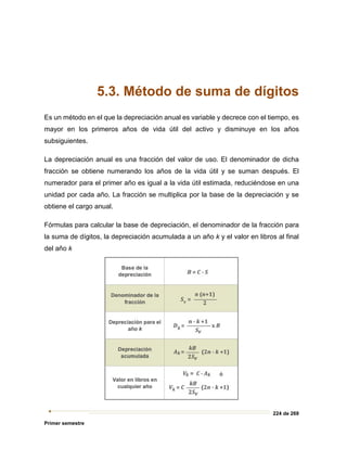 224 de 269
Primer semestre
5.3. Método de suma de dígitos
Es un método en el que la depreciación anual es variable y decrece con el tiempo, es
mayor en los primeros años de vida útil del activo y disminuye en los años
subsiguientes.
La depreciación anual es una fracción del valor de uso. El denominador de dicha
fracción se obtiene numerando los años de la vida útil y se suman después. El
numerador para el primer año es igual a la vida útil estimada, reduciéndose en una
unidad por cada año. La fracción se multiplica por la base de la depreciación y se
obtiene el cargo anual.
Fórmulas para calcular la base de depreciación, el denominador de la fracción para
la suma de dígitos, la depreciación acumulada a un año k y el valor en libros al final
del año k
 