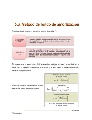 234 de 269
Primer semestre
5.6. Método de fondo de amortización
En este método existen dos valores para la depreciación.
Se supone que el valor futuro de los depósitos es igual al monto acumulado en el
fondo para la reposición del activo y debe ser igual a su vez a la depreciación total o
base de la depreciación.
Fórmulas para la depreciación por el
método de fondo de amortización.
La depreciación anual que es constante y que se supone
se deposita en un fondo creado para reemplazar el activo
al final de su vida útil.
Depreciación
anual
La depreciación neta que incluye los intereses y es
variable, se acumula y se relaciona directamente con el
valor en libros. En este sistema los intereses se calculan
con base en la depreciación acumulada y no según el valor
en libros.
Depreciación
neta
 