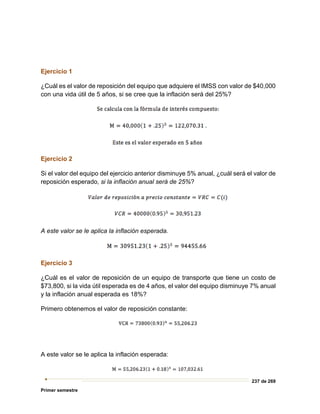 237 de 269
Primer semestre
Ejercicio 1
¿Cuál es el valor de reposición del equipo que adquiere el IMSS con valor de $40,000
con una vida útil de 5 años, si se cree que la inflación será del 25%?
Ejercicio 2
Si el valor del equipo del ejercicio anterior disminuye 5% anual, ¿cuál será el valor de
reposición esperado, si la inflación anual será de 25%?
A este valor se le aplica la inflación esperada.
Ejercicio 3
¿Cuál es el valor de reposición de un equipo de transporte que tiene un costo de
$73,800, si la vida útil esperada es de 4 años, el valor del equipo disminuye 7% anual
y la inflación anual esperada es 18%?
Primero obtenemos el valor de reposición constante:
A este valor se le aplica la inflación esperada:
 