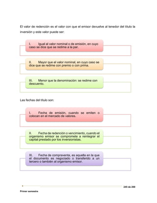 245 de 269
Primer semestre
El valor de redención es el valor con que el emisor devuelve al tenedor del título la
inversión y este valor puede ser:
Las fechas del título son:
I. Igual al valor nominal o de emisión, en cuyo
caso se dice que se redime a la par.
II. Mayor que el valor nominal, en cuyo caso se
dice que se redime con premio o con prima.
III. Menor que la denominación: se redime con
descuento.
I. Fecha de emisión, cuando se emiten o
colocan en el mercado de valores.
II. Fecha de redención o vencimiento, cuando el
organismo emisor se compromete a reintegrar el
capital prestado por los inversionistas.
III. Fecha de compraventa, es aquella en la que
el documento es negociado o transferido a un
tercero o también al organismo emisor.
 