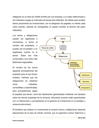 248 de 269
Primer semestre
obligación es un título de crédito emitido por una empresa, a un plazo determinado y
con intereses a pagar en intervalos de tiempo bien definidos. Se utilizan para recabar
dinero proveniente de inversionistas, con la obligación de pagarles un interés cada
cierto periodo, además de reintegrarles el capital invertido al término del plazo
estipulado.
Los bonos y obligaciones
pueden ser registrados o
nominativos, si tienen el
nombre del propietario, o
pueden ser al portador o no
registrados cuando no lo
tienen. Éstos son más
comerciales y por tanto más
fácilmente negociables.
El nombre de los bonos
depende principalmente del
propósito para el que fueron
creados, mientras que las
obligaciones se clasifican
como: indizadas,
convertibles o subordinadas;
pero, principalmente, según
el respaldo que tienen, como las hipotecarias (garantizadas mediante una hipoteca
sobre los bienes propiedad de la emisora), fiduciarias (cuando están garantizadas
con un fideicomiso) y quirografarias (si la garantía se fundamenta en el prestigio y
solvencia del emisor).
El beneficio que obtiene un inversionista al comprar bonos y obligaciones depende
básicamente de la tasa de interés nominal, que el organismo emisor determina y
 
