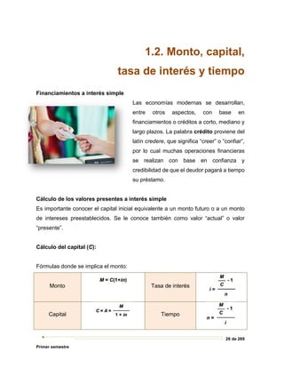 26 de 269
Primer semestre
1.2. Monto, capital,
tasa de interés y tiempo
Financiamientos a interés simple
Las economías modernas se desarrollan,
entre otros aspectos, con base en
financiamientos o créditos a corto, mediano y
largo plazos. La palabra crédito proviene del
latín credere, que significa “creer” o “confiar”,
por lo cual muchas operaciones financieras
se realizan con base en confianza y
credibilidad de que el deudor pagará a tiempo
su préstamo.
Cálculo de los valores presentes a interés simple
Es importante conocer el capital inicial equivalente a un monto futuro o a un monto
de intereses preestablecidos. Se le conoce también como valor “actual” o valor
“presente”.
Cálculo del capital (C):
Fórmulas donde se implica el monto:
Monto Tasa de interés
Capital Tiempo
 