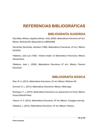 266 de 269
Primer semestre
REFERENCIAS BIBLIOGRÁFICAS
BIBLIOGRAFÍA SUGERIDA
Díaz Mata, Alfredo y Aguilera Gómez, Víctor (2008). Matemáticas financieras (4ª ed.).
México: McGraw-Hill. [Disponible en LIBRUNAM]
Hernández Hernández, Abraham (1996). Matemáticas Financieras. (3ª ed.). México:
ECAFSA.
Villalobos, José Luis (1993). “Interés simple” en Matemáticas Financieras. México:
Iberoamérica.
Villalobos, José L. (2009). Matemáticas financieras (3ª ed.). México: Pearson
Educación.
BIBLIOGRAFÍA BÁSICA
Díaz, M. A. (2013). Matemáticas financieras. (5a ed.) México: McGraw Hill.
Dumrauf, G. L. (2013). Matemáticas financieras. México: Alfaomega.
Rodríguez, F. J. (2015). Matemáticas financieras con aplicaciones en Excel. México:
Grupo Editorial Patria.
Vidaurri, A. H. (2012). Matemáticas financieras. (5a ed.) México: Cengage Learning.
Villalobos, J. (2012). Matemáticas financieras. (4a ed.) México: Pearson.
 