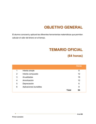 4 de 269
Primer semestre
OBJETIVO GENERAL
El alumno conocerá y aplicará las diferentes herramientas matemáticas que permiten
calcular el valor del dinero en el tiempo.
TEMARIO OFICIAL
(64 horas)
Horas
1 Interés simple 8
2 Interés compuesto 12
3 Anualidades 18
4 Amortización 12
5 Depreciación 6
6 Aplicaciones bursátiles 8
Total 64
 