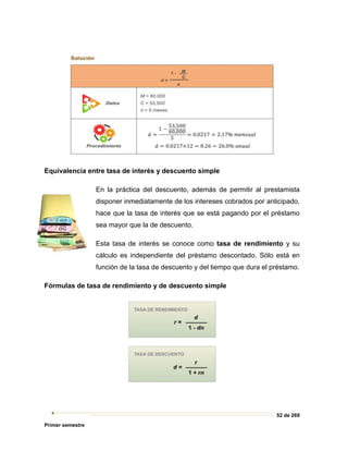 52 de 269
Primer semestre
Equivalencia entre tasa de interés y descuento simple
En la práctica del descuento, además de permitir al prestamista
disponer inmediatamente de los intereses cobrados por anticipado,
hace que la tasa de interés que se está pagando por el préstamo
sea mayor que la de descuento.
Esta tasa de interés se conoce como tasa de rendimiento y su
cálculo es independiente del préstamo descontado. Sólo está en
función de la tasa de descuento y del tiempo que dura el préstamo.
Fórmulas de tasa de rendimiento y de descuento simple
 