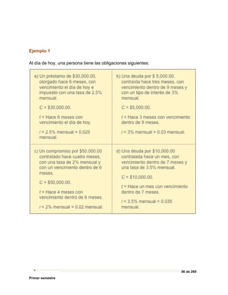 56 de 269
Primer semestre
Ejemplo 1
Al día de hoy, una persona tiene las obligaciones siguientes:
 