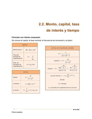 84 de 269
Primer semestre
2.2. Monto, capital, tasa
de interés y tiempo
Fórmulas con interés compuesto
Se conoce el capital, la tasa nominal, la frecuencia de conversión y el plazo:
 