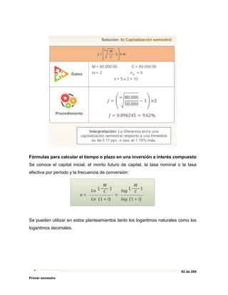 92 de 269
Primer semestre
Fórmulas para calcular el tiempo o plazo en una inversión a interés compuesto
Se conoce el capital inicial, el monto futuro de capital, la tasa nominal o la tasa
efectiva por periodo y la frecuencia de conversión:
Se pueden utilizar en estos planteamientos tanto los logaritmos naturales como los
logaritmos decimales.
 