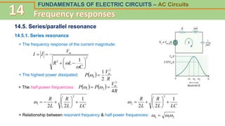 FUNDAMENTALS OF ELECTRIC CIRCUITS – AC Circuits
14.5. Series/parallel resonance
14.5.1. Series resonance
+ The frequency response of the current magnitude:
2
2 1










C
L
R
V
I
I m



+ The highest power dissipated:  
R
V
P m
2
0
2
1


+ The half-power frequencies:    
R
V
P
P m
4
2
2
1 
 

LC
L
R
L
R 1
2
2
2
1 










LC
L
R
L
R 1
2
2
2
2 









+ Relationship between resonant frequency & half-power frequencies: 2
1
0 

 
 