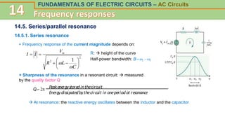 FUNDAMENTALS OF ELECTRIC CIRCUITS – AC Circuits
14.5. Series/parallel resonance
14.5.1. Series resonance
+ Frequency response of the current magnitude depends on:
2
2 1










C
L
R
V
I
I m


 R:  height of the curve
Half-power bandwidth: B 2 1
+ Sharpness of the resonance in a resonant circuit:  measured
by the quality factor Q
Q  2
Peakenergystoredinthecircuit
Energydissipatedbythecircuit in oneperiodat resonance
 At resonance: the reactive energy oscillates between the inductor and the capacitor
 
