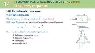 FUNDAMENTALS OF ELECTRIC CIRCUITS – AC Circuits
14.5. Series/parallel resonance
14.5.1. Series resonance
+ Quality factor of circuit is greater than 10  high-Q circuit
+ Half power frequencies are symmetrical around the resonant frequency
2
0
1
B

 

2
0
2
B

 

+ A resonant circuit is characterized by 5 parameters:
 Half-power frequencies: ɷ1, ɷ2
 Resonant frequency: ɷ0
 Bandwidth B
 Quality factor Q
 