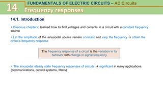 FUNDAMENTALS OF ELECTRIC CIRCUITS – AC Circuits
14.1. Introduction
+ Previous chapters: learned how to find voltages and currents in a circuit with a constant frequency
source
+ Let the amplitude of the sinusoidal source remain constant and vary the frequency  obtain the
circuit’s frequency response
The frequency response of a circuit is the variation in its
behavior with change in signal frequency
+ The sinusoidal steady state frequency responses of circuits  significant in many applications
(communications, control systems, filters)
 