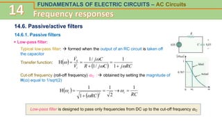 FUNDAMENTALS OF ELECTRIC CIRCUITS – AC Circuits
14.6. Passive/active filters
14.6.1. Passive filters
+ Low-pass filter:
Typical low-pass filter:  formed when the output of an RC circuit is taken off
the
. capacitor
Transfer function:  
  RC
j
C
j
R
C
j
V
V
i 








1
1
/
1
/
1
H 0


Cut-off frequency (roll-off frequency) ɷC : obtained by setting the magnitude of
H(ɷ) equal to 1/sqrt(2)
 
  RC
RC
c
c
1
2
1
1
1
H
2




 


Low-pass filter is designed to pass only frequencies from DC up to the cut-off frequency ɷC
 