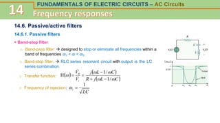 FUNDAMENTALS OF ELECTRIC CIRCUITS – AC Circuits
14.6. Passive/active filters
14.6.1. Passive filters
+ Band-stop filter
o Band-pass filter:  designed to stop or eliminate all frequencies within a
band of frequencies ɷ1 < ɷ < ɷ2
o Band-stop filter:  RLC series resonant circuit with output is the LC
series combination
o Transfer function:    
 
C
L
j
R
C
L
j
V
V
i 




/
1
/
1
H 0







o Frequency of rejection:
LC
c
1


 