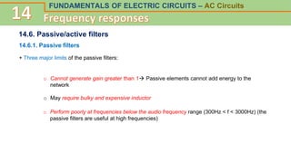 FUNDAMENTALS OF ELECTRIC CIRCUITS – AC Circuits
14.6. Passive/active filters
14.6.1. Passive filters
+ Three major limits of the passive filters:
o Cannot generate gain greater than 1 Passive elements cannot add energy to the
network
o May require bulky and expensive inductor
o Perform poorly at frequencies below the audio frequency range (300Hz < f < 3000Hz) (the
passive filters are useful at high frequencies)
 