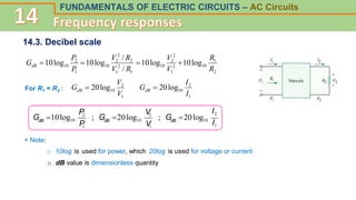FUNDAMENTALS OF ELECTRIC CIRCUITS – AC Circuits
14.3. Decibel scale
2
1
10
2
1
2
2
10
1
2
1
2
2
2
10
1
2
10 log
10
log
10
/
/
log
10
log
10
R
R
V
V
R
V
R
V
P
P
GdB 



1
2
10
log
20
V
V
GdB 
For R1 = R2 :
1
2
10
log
20
I
I
GdB 
G 10log10 ; G 20log10 ; G 20log10
dB dB dB
P
2 V
2
I2
I1
P
1 V
1
+ Note:
o 10log is used for power, which 20log is used for voltage or current
o dB value is dimensionless quantity
 