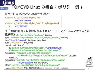 TOMOYO Linux の場合（ポリシー例） type  “<kernel> /usr/sbin/sshd /bin/bash” , domain; type  “<kernel> /usr/sbin/sshd /bin/bash /usr/bin/passwd” , domain; type  “/usr/bin/passwd” , file_type, exec_type; type  “/etc/shadow” , file_type; domain_auto_trans( 　　“ <kernel> /usr/sbin/sshd /bin/bash” ,  “/usr/bin/passwd” , 　　“ <kernel> /usr/sbin/sshd /bin/bash /usr/bin/passwd” ); neverallow  ~ “<kernel> /usr/sbin/sshd /bin/bash” 　　“ <kernel> /usr/sbin/sshd /bin/bash /usr/bin/passwd” :process transition; neverallow  “<kernel> /usr/sbin/sshd /bin/bash /usr/bin/passwd” ~ “/usr/bin/passwd” :file entrypoint; allow  “<kernel> /usr/sbin/sshd /bin/bash /usr/bin/passwd” “ /etc/shadow” :file { read write }; <kernel> /usr/sbin/sshd /bin/bash 1 /usr/bin/passwd <kernel> /usr/sbin/sshd /bin/bash /usr/bin/passwd 6 /etc/shadow を「 SELinux 風」に記述したとすると・・・（ファイルコンテキスト定義は除く） 前ページの TOMOYO Linux のポリシー 