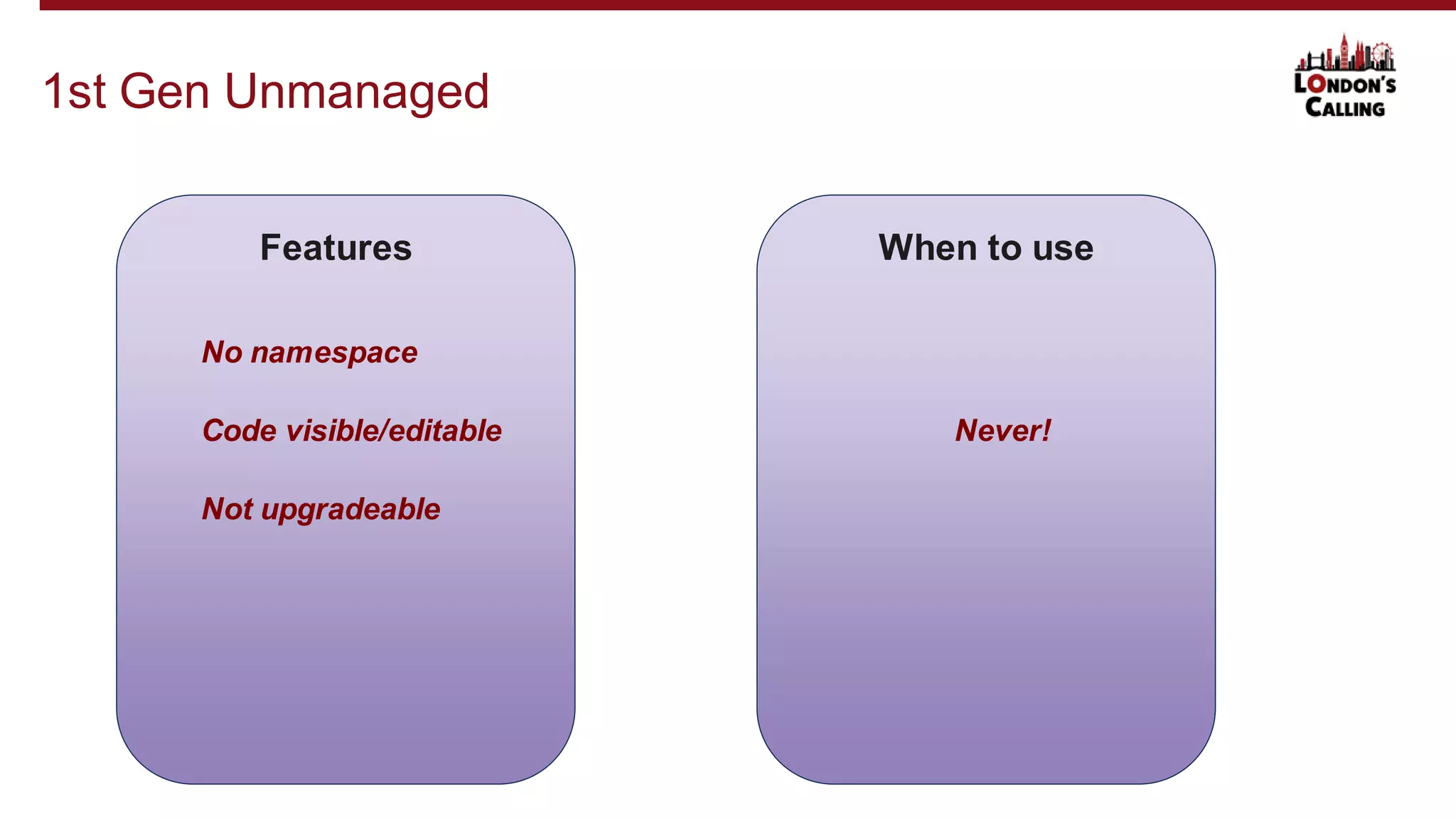 1st Gen Unmanaged
Features
No namespace
Code visible/editable
Not upgradeable
When to use
Never!
 
