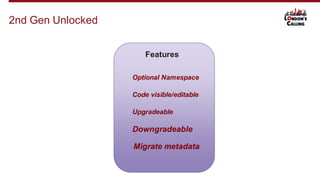 2nd Gen Unlocked
Features
Optional Namespace
Code visible/editable
Upgradeable
Downgradeable
Migrate metadata
 