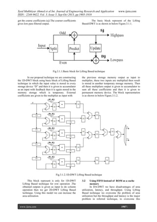 Syed Mukhtiyar Ahmed et al Int. Journal of Engineering Research and Application
ISSN : 2248-9622, Vol. 3, Issue 5, Sep-Oct 2013, pp.1905-1910
get the coarse coefficients (sj).The coarser coefficients
gives low pass filtered output.

www.ijera.com

The basic block represent of the Lifting
Based-DWT is as shown in below Figure.3.1.1.

Fig.3.1.1.Basic block for Lifting Based technique
In our proposal technique we are constructing
the 1D-DWT block using basic block of Lifting Based
technique in which the input value is stored in every
storage device “D” and then it is given to accumulator
as an input with feedback then it is again stored in the
memory storage which is temporary. External
coefficients are given to the multiplier as input with

the previous storage memory output as input to
multiplier, these two inputs are multiplied then result
is stored in another temporary storage memory. Then
all these multipliers output is given to accumulator to
sum all these coefficients and then it is given to
permanent memory device. The block representation
is as shown in below Figure.3.1.2.

Fig.3.1.2.1D-DWT Lifting Based technique
This block represent is only for 1D-DWT
Lifting Based technique for row operation .The
obtained outputs is given as input to do column
operation then we get 2D-DWT Lifting Based
technique. Using this model we can increase the
area utilization.

www.ijera.com
Page

3.2

Using FIFO instead of ROM as a cache
memory
In DA-DWT we have disadvantages of area
utilization, latency, and throughput. Using Lifting
Based technique we overcome the problem of area
utilization but the throughput and latency is the major
problem in referred technique, to overcome this
1907 |

 