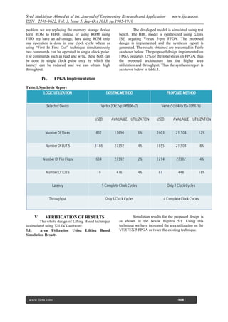 Syed Mukhtiyar Ahmed et al Int. Journal of Engineering Research and Application
ISSN : 2248-9622, Vol. 3, Issue 5, Sep-Oct 2013, pp.1905-1910
problem we are replacing the memory storage device
form ROM to FIFO. Instead of using ROM using
FIFO my have an advantage, here using ROM only
one operation is done in one clock cycle where as
using “First In First Out” technique simultaneously
two commands can be operated in single clock pulse.
The commands such as read and write, these both can
be done in single clock pulse only by which the
latency can be reduced and we can obtain high
throughput.

IV.

www.ijera.com

The developed model is simulated using test
bench. The HDL model is synthesized using Xilinx
ISE targeting Vertex 5-pro FPGA. The proposed
design is implemented and the synthesis report is
generated. The results obtained are presented in Table
as shown below. The proposed design implemented on
FPGA occupies 12% of the total slices on FPGA, thus
the proposed architecture has the higher area
utilization and throughput. Thus the synthesis report is
as shown below in table.1.

FPGA Implementation

Table.1.Synthesis Report

V.

VERIFICATION OF RESULTS

The whole design of Lifting Based technique
is simulated using XILINX software.
5.1.
Area Utilization Using Lifting Based
Simulation Results

www.ijera.com
Page

Simulation results for the proposed design is
as shown in the below Figures 5.1. Using this
technique we have increased the area utilization on the
VERTEX 5 FPGA as twice the existing technique.

1908 |

 