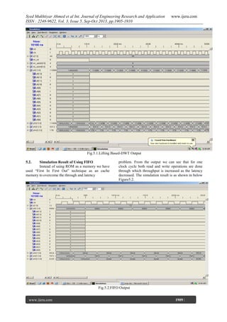 Syed Mukhtiyar Ahmed et al Int. Journal of Engineering Research and Application
ISSN : 2248-9622, Vol. 3, Issue 5, Sep-Oct 2013, pp.1905-1910

www.ijera.com

Fig.5.1.Lifting Based-DWT Output
5.2.

Simulation Result of Using FIFO
Instead of using ROM as a memory we have
used “First In First Out” technique as an cache
memory to overcome the through and latency

problem. From the output we can see that for one
clock cycle both read and write operations are done
through which throughput is increased as the latency
decreased. The simulation result is as shown in below
Figure5.2.

Fig.5.2.FIFO Output
www.ijera.com
Page

1909 |

 