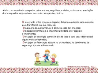 Ainda com respeito às categorias psicomotoras, cognitivas e afetiva, assim como a seriação
dos brinquedos, deve-se levar em conta cinco pontos básicos:


                    integração entre o jogo e o jogador, deixando-o aberto para o mundo
                   para transformá-lo à sua maneira;
                     o próprio corpo humano é o primeiro jogo das crianças;
                     nos jogo de imitação, a imagem ou modelo a ser seguido
                   é importante;
                     os jogos de aquisição começam desde cedo e para cada idade existe
                   alguns mais apropriados;
                     os jogos de fabricação ajudam na criatividade, no sentimento de
                   segurança e poder sobre o meio.




                                                                Bittencourt e Ferreira , 2002
 