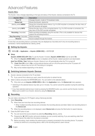 26 English
Advanced Features
Anynet+ Menu
The Anynet+ menu changes depending on the type and status of the Anynet+ devices connected to the TV.
Anynet+ Menu Description
View TV Changes Anynet+ mode to TV broadcast mode.
Device List Shows the Anynet+ device list.
(device_name) MENU Shows the connected device menus. E.g. If a DVD recorder is connected, the disc menu of
the DVD recorder will appear.
(device_name) INFO Shows the play menu of the connected device. E.g. If a DVD recorder is connected, the
play menu of the DVD recorder will appear.
Recording: (*recorder) Starts recording immediately using the recorder. (This is only available for devices that
support the recording function.)
Stop Recording: (*recorder) Stops recording.
Receiver Sound is played through the receiver.
If more than one recording device is connected, they are displayed as (*recorder) and if only one recording device is
connected, it will be represented as (*device_name).
Setting Up Anynet+
¦
¦
MENU
O
O m → Application → Anynet+ (HDMI-CEC) → ENTERE
Setup
■
■
Anynet+ (HDMI-CEC) (Off / On): To use the Anynet+ Function, Anynet+ (HDMI-CEC) must be set to On.
When the
✎
✎ Anynet+ (HDMI-CEC) function is disabled, all the Anynet+ related operations are deactivated.
Auto Turn Off (No / Yes): Setting an Anynet+ Device to turn off automatically when the TV is turned off.
If
✎
✎ Auto Turn Off is set to Yes, running external devices will turn off at the same time as the TV powers off.
However, a device may not turn off if recording is in progress.
May not be enabled depending on the device.
✎
✎
Switching between Anynet+ Devices
¦
¦
1. Anynet+ devices connected to the TV are listed.
If you cannot find a device you want, press the red button to refresh the list.
✎
✎
2. Select a device and press the ENTERE button. You can switch to the selected device.
Only when you set
✎
✎ Anynet+ (HDMI-CEC) to On in the Application menu, the Device List menu appears.
Switching to the selected device may take up to 2 minutes. You cannot cancel the operation during the switching
x
x
operation.
If you have selected external input mode by pressing the
x
x SOURCE button, you cannot use the Anynet+ function.
Make sure to switch to an Anynet+ device by using the Device List.
Recording
¦
¦
You can make a recording of a TV Program using a Samsung recorder.
1. Select Recording.
When there are more than two recording devices
✎
✎
When multiple recording devices are connected, the recording devices are listed. Select one recording device in
x
x
the Device List.
When the recording device is not displayed, select
✎
✎ Device List and press the Red button to search devices.
2. Press the EXIT button to exit.
You can record the source streams by selecting
✎
✎ Recording: (device_name).
Pressing the
✎
✎ � (REC) button will record whatever you are currently watching. If you are watching video from
another device, the video from the device is recorded.
Before recording, check whether the antenna jack is properly connected to the recording device. To properly
✎
✎
connect an antenna to a recording device, refer to the recording device’s users manual.
BN68-02751A_Eng.indb 26 2010-08-31 �� 5:04:49
 