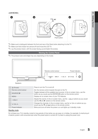 5
01
Getting
Started
English
<LN19C450>
Make sure to distinguish between the front and rear of the Stand when attaching it to the TV.
✎
✎
Make sure that at least two persons lift and move the LCD TV.
✎
✎
Lay the product down, with the screen facing up and fasten the screws.
✎
✎
Viewing the Control Panel
The product color and shape may vary depending on the model.
✎
✎
P (Power) Press to turn the TV on and off.
Remote control sensor Aim the remote control towards this spot on the TV.
SOURCEE
Toggles between all the available input sources. In the on-screen menu, use this
button as you would use the ENTERE button on the remote control.
MENU Displays an on-screen menu of your TV’s features.
y
Adjusts the volume. In the on-screen menu, use the y buttons as you would
use the ◄ and ► buttons on the remote control.
z
Changes the channels. In the on-screen menu, use the z buttons as you
would use the ▼ and ▲ buttons on the remote control.
Power Indicator Blinks and turns off when the power is on and lights up in standby mode.
Standby mode
Do not leave your TV in standby mode for long periods of time (when you are away on a holiday, for example). A small amount
of electric power is still consumed even when the power button is turned off. It is best to unplug the power cord.
1 2 3
Push button
90°
Speakers
Power Indicator
Remote control sensor
BN68-02751A_Eng.indb 5 2010-08-31 �� 5:04:32
 