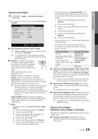 Español 15
03
Funciones
básicas
Opciones de imagen
MENU
O
O m → Imagen → Opciones de imagen →
ENTERE
En el modo PC sólo se pueden cambiar
✎
✎ Tono Color y
Tamaño.
Tono Color (Frío / Normal / Tibio1 / Tibio2)
■
■

Tibio1
✎
✎ o Tibio2 se desactivan cuando el modo
de imagen es Dinámico

La configuración de cada dispositivo externo
✎
✎
conectado a una entrada del televisor se puede
ajustar y guardar.
Tamaño
■
■ : Es posible que el receptor
de satélite o cable tenga también su
propia gama de tamaños de pantalla.
Sin embargo, es muy aconsejable
utilizar el modo 16:9 la mayoría de las
veces.
16:9 : Ajusta la imagen al modo
panorámico 16:9.
Zoom1: Permite una ampliación moderada.
Zoom2: Permite una ampliación más potente.
Ajuste Ancho: Amplía la relación de aspecto de la
imagen para que se ajuste al ancho total de la pantalla.
4:3 : Ajusta la imagen al modo básico (4:3).
No vea la televisión en formato 4:3 durante largos
✎
✎
periodos de tiempo. Los rastros de bordes a
la izquierda, derecha o centro de la pantalla
pueden provocar un desgaste de la pantalla por la
retención de la imagen que no está cubierto por
la garantía.
Ajuste pantalla: Muestra la imagen completa sin
cortes cuando la entrada de la señal es HDMI (HDMI)
(720p/1080i/1080p) o Component (Componente)
(1080i/1080p).
NOTA
✎
✎
Después de seleccionar
x
x Zoom1, Zoom2 o Ajuste
ancho:
1. Pulse el botón ► para seleccionar Posición.
2. Pulse el botón ENTERE.
3. Pulse los botones ▲ o ▼ para desplazar la
imagen hacia arriba o hacia abajo.
4. Pulse el botón ENTERE.
5. Pulse el botón ► para seleccionar Reiniciar.
6. Pulse el botón ENTERE para devolver a la
imagen su posición predeterminada.
Después de seleccionar
x
x Ajuste pantalla en los
modos HDMI (HDMI) (1080i/1080p) o Component
(Componente) (1080i/1080p), quizá deba centrar la
imagen:
1. Pulse los botones ◄ o ► para seleccionar
Posición.
2. Pulse el botón ENTERE.
3. Pulse los botones ▲, ▼, ◄ o ► para mover la
imagen.
4. Pulse el botón ENTERE.
5. Pulse los botones ◄ o ► para seleccionar
Reiniciar.
6. Pulse el botón ENTERE.
HD (alta definición): 16:9 - 1080i/1080p (1920x1080),
x
x
720p (1280x720)
La configuración de cada dispositivo externo
x
x
conectado a una entrada del televisor se puede
ajustar y guardar.
Fuente de entrada Tamaño de imagen
ATV, AV,
Componente (480i, 480p)
16:9, Zoom1,
Zoom2, 4:3
DTV(1080i),
Componente (1080i,
1080p), HDMI (720p, 1080i,
1080p)
16:9, 4:3, Ajuste
ancho, Ajuste
pantalla
PC 16:9, 4:3
Filtro de ruido digital (Apagado / Bajo / Medio / Alto
■
■
/ Auto): Si la señal de emisión que recibe el televisor es
débil, puede activarse la función Filtro de ruido digital
para reducir la estática y las imágenes superpuestas que
pueden aparecer en la pantalla.
Cuando la señal sea débil, intente otras opciones
✎
✎
hasta que se vea una imagen de mejor calidad.
Nivel de negro HDMI (Normal / Bajo)
■
■ : Selecciona el
nivel de negro en la pantalla para ajustar la profundidad
de ésta.
Disponible sólo en el modo HDMI).
✎
✎
Modo película (Apagado / Auto)
■
■ : Configura el televisor
para detectar automáticamente y procesar las señales
de las películas procedentes de todas las fuentes y
ajustar la imagen para conseguir una calidad óptima.
Disponible en TV, AV, COMPONENT (480i/1080i) y
✎
✎
HDMI(480i/1080i).
Reinicio de la imagen
(Reiniciar modo imagen / Cancelar)
Restablece la configuración predeterminada del modo de la
imagen actual.
Reiniciar modo imagen
■
■ : Restablece los valores
predeterminados del modo de imagen actualmente
seleccionado.
Opciones de imagen
Tono Color : Normal		 ►
Tamaño : 16:9
Filtro de ruido digital : Auto
Nivel de negro HDMI : Normal
Modo película : Apagado
U Mover E Entrar R Regresar
MEDIA.P
P
POWER
SLEEP S.MODE P.MODE
BN68-02751A_Spa.indd 15 2010-08-31 �� 5:05:59
 