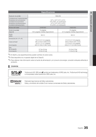Español 35
05
Información
adicional
Especificaciones
Resolución de pantalla 1360x768
Consideraciones medioambientales
Temperatura de funcionamiento
Humedad de funcionamiento
Temperatura de almacenamiento
Humedad de almacenamiento
50°F a 104°F (10°C a 40°C)
10% al 80%, sin condensación
-4°F a 113°F (-20°C a 45°C)
5% al 95%, sin condensación
Nombre del modelo LN19C450 LN22C450
Tamaño de pantalla
(diagonal)
19 pulgadas
(18,5 pulgadas medidas diagonalment)
22 pulgadas
(21,5 pulgadas medidas diagonalment)
Sonido
(salida)
3W X 2 3W X 2
Dimensiones (An x Pr x Al)
Cuerpo principal
Con el soporte
18,2 X 2,3 X 12,2 pulgadas
(461,3 X 59,2 X 309,0 (mm))
18,2 X 7,1 X 13,7 pulgadas
(461,3 X 180,2 X 348,1 (mm))
21,0 X 2,4 X 13,9 pulgadas
(533,2 X 60,8 X 354,1 (mm))
21,0 X 6,8 X 15,8 pulgadas
(533,2 X 171,9 X 402,5 (mm))
Peso
Sin el soporte
Con el soporte
8,7 Ibs (3,9 kg)
9,9 Ibs (4,5 kg)
10,4 Ibs (4,7kg)
11,5 Ibs (5,2 kg)
El diseño y las especificaciones pueden cambiar sin previo aviso.
✎
✎
Este dispositivo es un aparato digital de la Clase B.
✎
✎
Para obtener más información sobre la fuente de alimentación y el consumo de energía, consulte la etiqueta adherida al
✎
✎
producto.
Licencia
¦
¦
TruSurround HD, SRS and symbol are trademarks of SRS Labs, Inc. TruSurround HD technology
is incorporated under license from SRS Labs, Inc.
Fabricado bajo licencia de Dolby Laboratories.
Dolby y el símbolo de la doble D son marcas comerciales de Dolby Laboratories.
BN68-02751A_Spa.indd 35 2010-08-31 �� 5:06:10
 