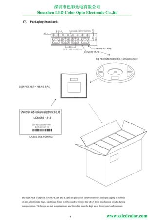 Shenzhen led color opto electronic Co.,ltd
2.0 4.0
Φ1.5
1.755.5
120.
8.0
TAPE FEED DIRECTION
CATHODE ID ENTIF ICATION
COVER TAPE
CARRIER TAPE
ESD POLYETHYLENE BAG
LABEL SKETCHING
DATE:2018-07-10
LOT NO:LC2018071008
Big reel Standared is 4000pcs /reel
17. Packaging Standard:
The reel pack is applied in SMD LED. The LEDs are packed in cardboard boxes after packaging in normal
or anti-electrostatic bags. cardboard boxes will be used to protect the LEDs from mechanical shocks during
transportation. The boxes are not water resistant and therefore must be kept away from water and moisture.
LC8805B-1515
深圳市色彩光电有限公司
Shenzhen LED Color Opto Electronic Co.,ltd
8 www.szledcolor.com
 