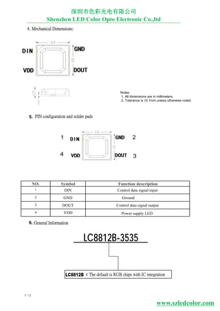 LC8812B
LC8812B-3535
3 / 12
: The default is RGB chips with IC integration
6. General Information
5.
NO. Symbol Function description
1 DIN Control data signal input
2 GND Ground
3 DOUT Control data signal output
4
4. Mechanical Dimensions:
Notes:
1. All dimensions are in millimeters.
2. Tolerance is ±0.1mm unless otherwise noted
深圳市色彩光电有限公司
Shenzhen LED Color Opto Electronic Co.,ltd
VDD Power supply LED
PIN configuration and solder pads
www.szledcolor.com
1 2
4 3
 
