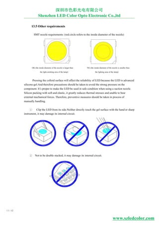 3
1 1 / 12
1 .5 Other requirements
SMT nozzle requirements: (red circle refers to the inside diameter of the nozzle)
OK (the inside diameter of the nozzle is larger than NG (the inside diameter of the nozzle is smaller than
the light-emitting area of the lamp) the lighting area of the lamp)
Pressing the colloid surface will affect the reliability of LED because the LED is advanced
silicone-gel.And therefore precautions should be taken to avoid the strong pressure on the
component. It’s proper to make the LED be used in safe condition when using a suction nozzle.
Silicon packing with soft and elastic, it greatly reduces thermal stresses and unable to bear
external mechanical forces. Therefore, preventive measures should be taken in process of
manually handling.
1 Clip the LED from its side.Neither directly touch the gel surface with the hand or sharp
instrument, it may damage its internal circuit.
2 Not to be double stacked, it may damage its internal circuit.
深圳市色彩光电有限公司
Shenzhen LED Color Opto Electronic Co.,ltd
www.szledcolor.com
 