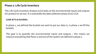 Phase 2: Life Cycle Inventory
The Life Cycle Inventory Analysis (LCI) looks at the environmental inputs and outputs
of a product or service. It is essentially the data collection phase of our LCA.
Look at it as buckets:
In phase 1, we defined the buckets we want to put our data in, in phase 2 we fill the
buckets.
The goal is to quantify the environmental inputs and outputs – this means we
measure everything that flows in and out of the system we defined in phase 1.
 