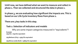 Until now, we have defined what we want to measure and collect in
phase 1.Then we collected and structured the data in phase 2.
In phase 3, we are evaluating how significant the impacts are.This is
based on our Life Cycle Inventory flows from phase 2.
There are 3 key tasks in this step.
Task 1: Selection of indicators and models
Why are some impact categories measured in “equivalents”?
Example
1kg CO2 = 1kg CO2-equivalent
1kg Methane (CH4) = 25kg CO2-equivalent
1kg Nitrous oxide (N2O) = 298kg CO2-equivalent
 