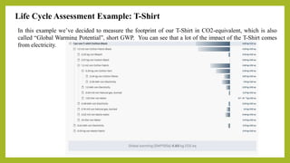 Life Cycle Assessment Example: T-Shirt
In this example we’ve decided to measure the footprint of our T-Shirt in CO2-equivalent, which is also
called “Global Warming Potential”, short GWP. You can see that a lot of the impact of the T-Shirt comes
from electricity.
 