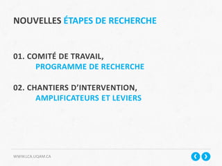 WWW.LCA.UQAM.CA
NOUVELLES ÉTAPES DE RECHERCHE
01. COMITÉ DE TRAVAIL,
PROGRAMME DE RECHERCHE
02. CHANTIERS D’INTERVENTION,
AMPLIFICATEURS ET LEVIERS
 