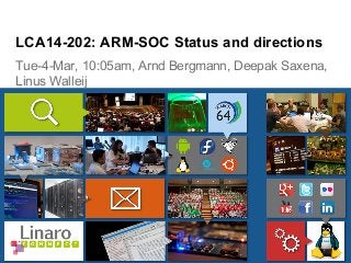 Tue-4-Mar, 10:05am, Arnd Bergmann, Deepak Saxena,
Linus Walleij
LCA14-202: ARM-SOC Status and directions
 