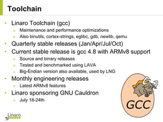 • Linaro Toolchain (gcc)
o Maintenance and performance optimizations
o Also binutils, cortex-strings, eglibc, gdb, newlib, qemu
• Quarterly stable releases (Jan/Apr/Jul/Oct)
• Current stable release is gcc 4.8 with ARMv8 support
o Source and binary releases
o Tested and benchmarked using LAVA
o Big-Endian version also available, used by LNG
• Monthly engineering releases
o Latest ARMv8 features
• Linaro sponsoring GNU Cauldron
o July 18-24th
Toolchain
 