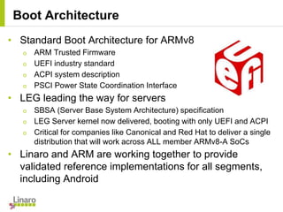 • Standard Boot Architecture for ARMv8
o ARM Trusted Firmware
o UEFI industry standard
o ACPI system description
o PSCI Power State Coordination Interface
• LEG leading the way for servers
o SBSA (Server Base System Architecture) specification
o LEG Server kernel now delivered, booting with only UEFI and ACPI
o Critical for companies like Canonical and Red Hat to deliver a single
distribution that will work across ALL member ARMv8-A SoCs
• Linaro and ARM are working together to provide
validated reference implementations for all segments,
including Android
Boot Architecture
 