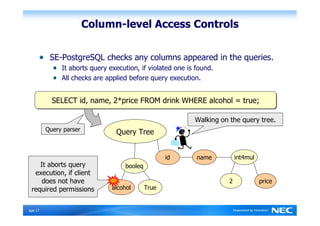 Column-level Access Controls


           SE-PostgreSQL checks any columns appeared in the queries.
               It aborts query execution, if violated one is found.
               All checks are applied before query execution.


            SELECT id, name, 2*price FROM drink WHERE alcohol = true;

                                                            Walking on the query tree.
          Query parser           Query Tree


                                                     id      name          int4mul
     It aborts query                 booleq
   execution, if client
     does not have                                                     2             price
  required permissions          alcohol       True


Ｐage 17
 