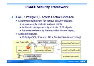 PGACE Security Framework


          PGACE : PostgreSQL Access Control Extension
            A common framework for various security designs
                various security hooks in strategic points
                facilities to manage security attribute of DB objects
                Add enhanced security features with minimum impact
            Available features
                SE-PostgreSQL, Row-level ACLs, Trusted-Solaris (upcoming)

          core PostgreSQL            pgace_feature = 'selinux';
                                     pgace_feature = 'selinux';
                                                                  sepgsqlHeapTupleInsert()



            heap_insert()        pgaceHeapTupleInsert()           rowaclHeapTupleInsert()


                     A strategic function
                     A strategic function                          yourHeapTupleInsert()
                          is invoked
                           is invoked
Ｐage 22
 