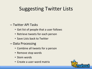 Suggesting Twitter Lists Twitter API Tasks Get list of people that a user follows Retrieve tweets for each person Save Lists back to Twitter Data Processing Combine all tweets for a person Remove stop words Stem words Create a user-word matrix 