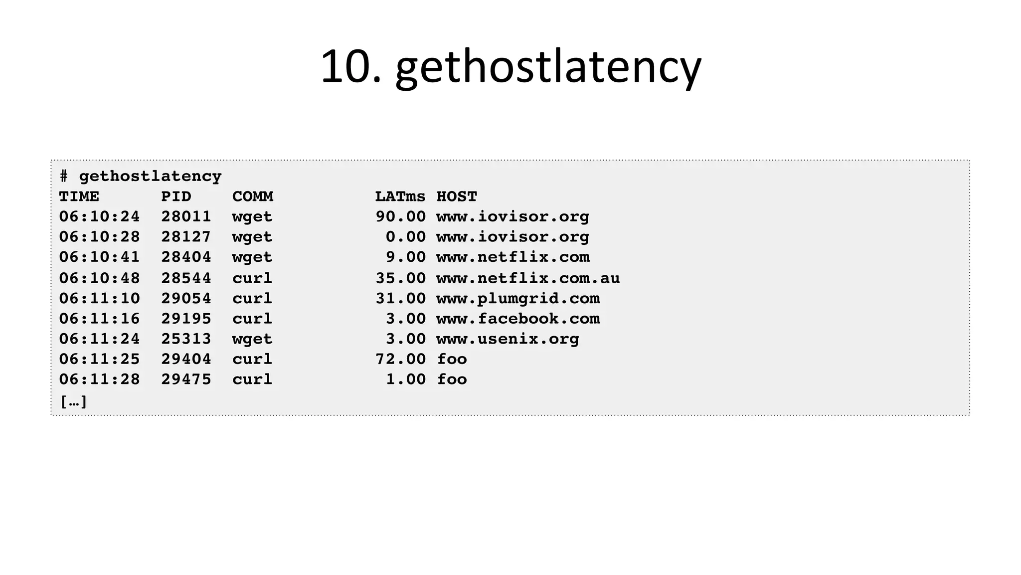 10.	gethostlatency	
# gethostlatency
TIME PID COMM LATms HOST
06:10:24 28011 wget 90.00 www.iovisor.org
06:10:28 28127 wget 0.00 www.iovisor.org
06:10:41 28404 wget 9.00 www.netflix.com
06:10:48 28544 curl 35.00 www.netflix.com.au
06:11:10 29054 curl 31.00 www.plumgrid.com
06:11:16 29195 curl 3.00 www.facebook.com
06:11:24 25313 wget 3.00 www.usenix.org
06:11:25 29404 curl 72.00 foo
06:11:28 29475 curl 1.00 foo
[…]
 